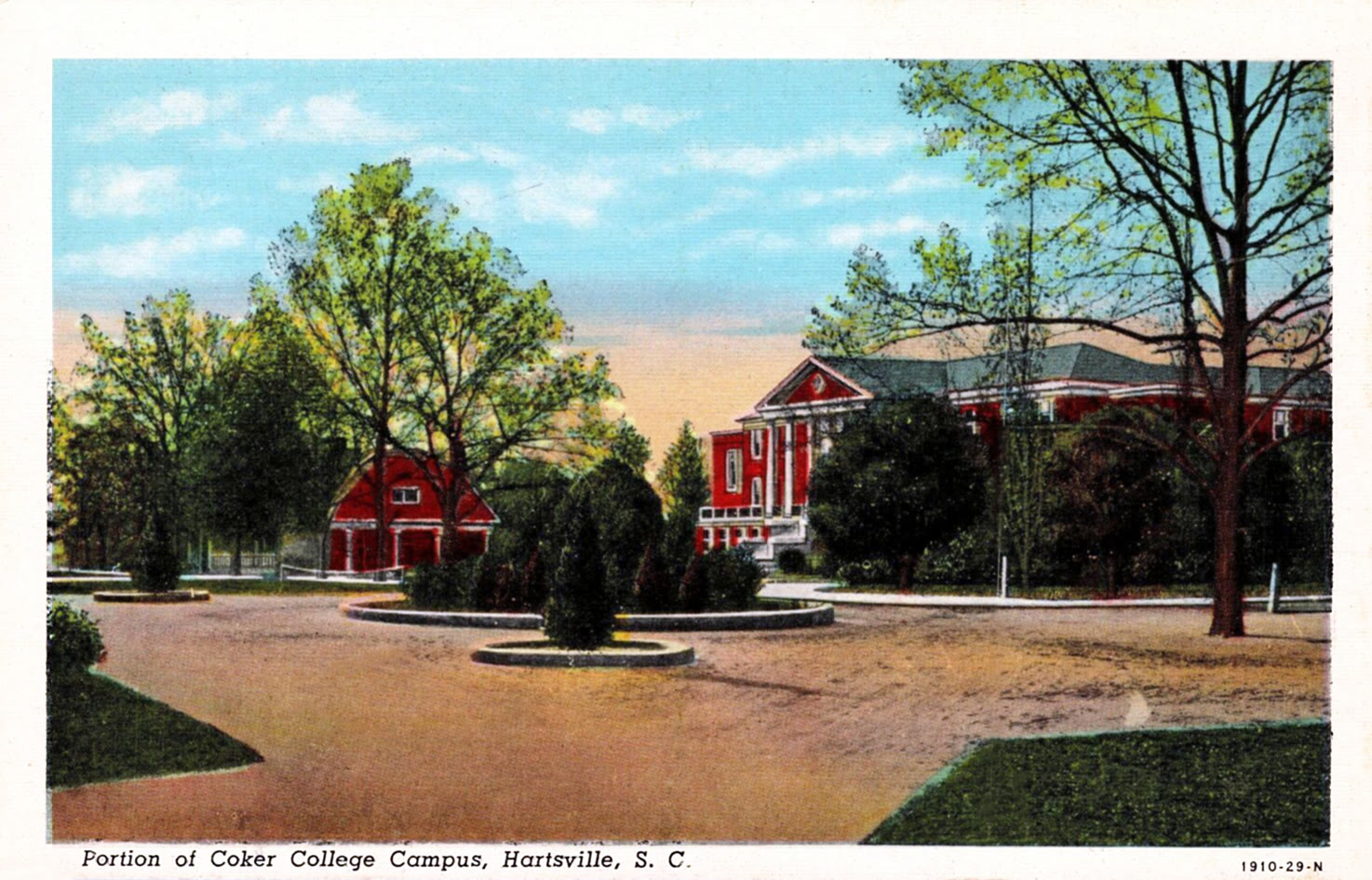 A 1929 tinted postcard view of the oak-shaded Coker College campus in Hartsville, South Carolina