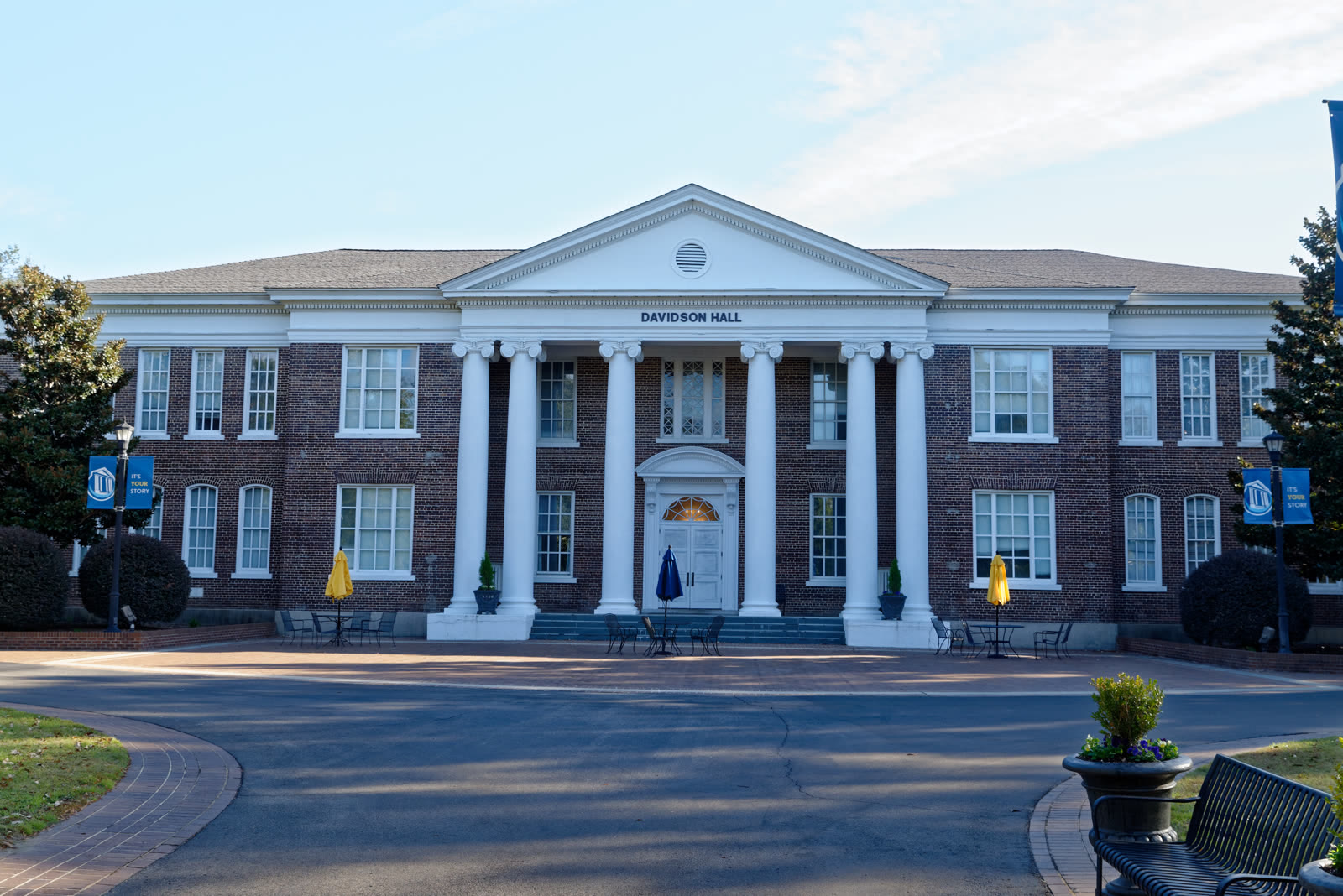 Davidson Hall at Coker University, a Neo-Classical brick building with a two-story portico on six Ionic columns