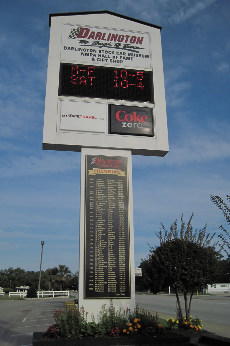 The historic entrance sign at Darlington Raceway in Darlington, South Carolina