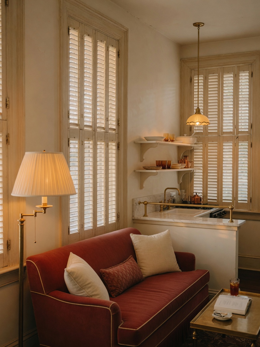 A bright boutique suite living area with a small kitchen