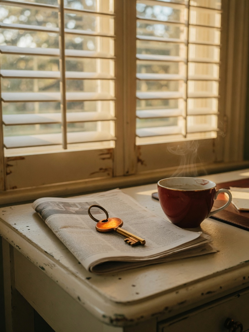 A brass key and newspaper on a sunlit hotel desk