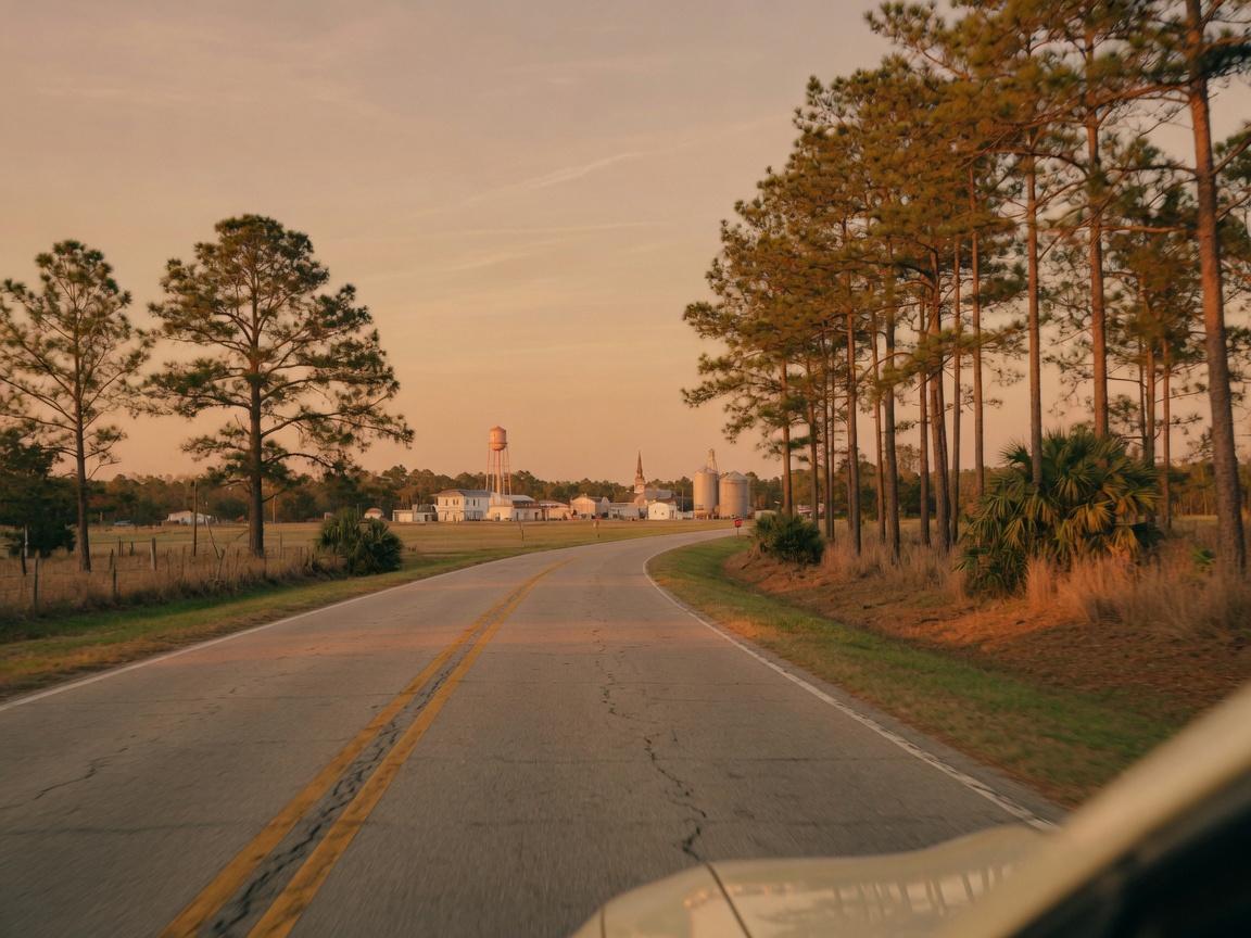 An open Southern highway at golden hour lined with pines