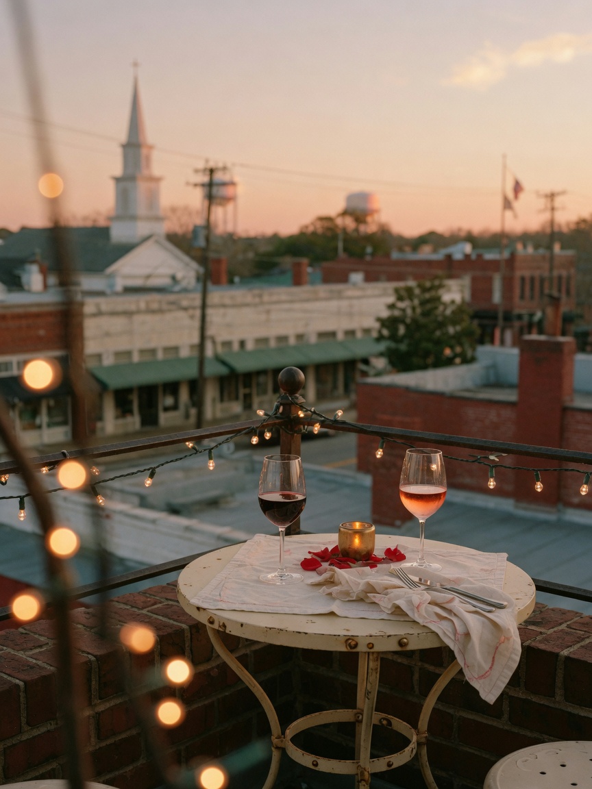 A rooftop table for two at sunset over downtown Hartsville