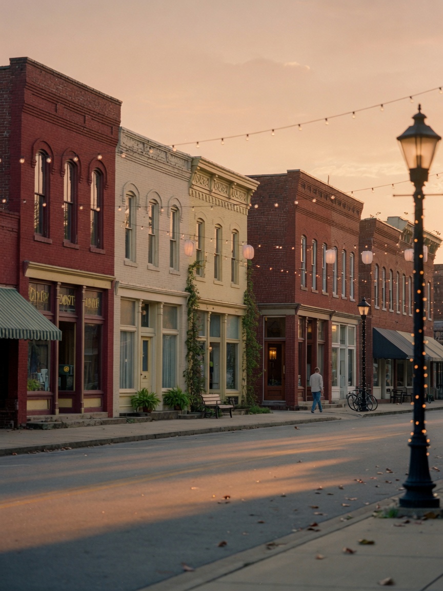 A historic Southern main street at golden hour