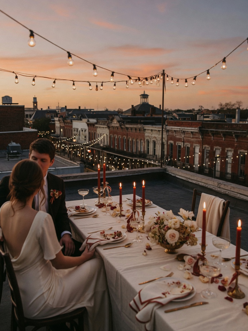 A rooftop celebration at dusk above downtown Hartsville