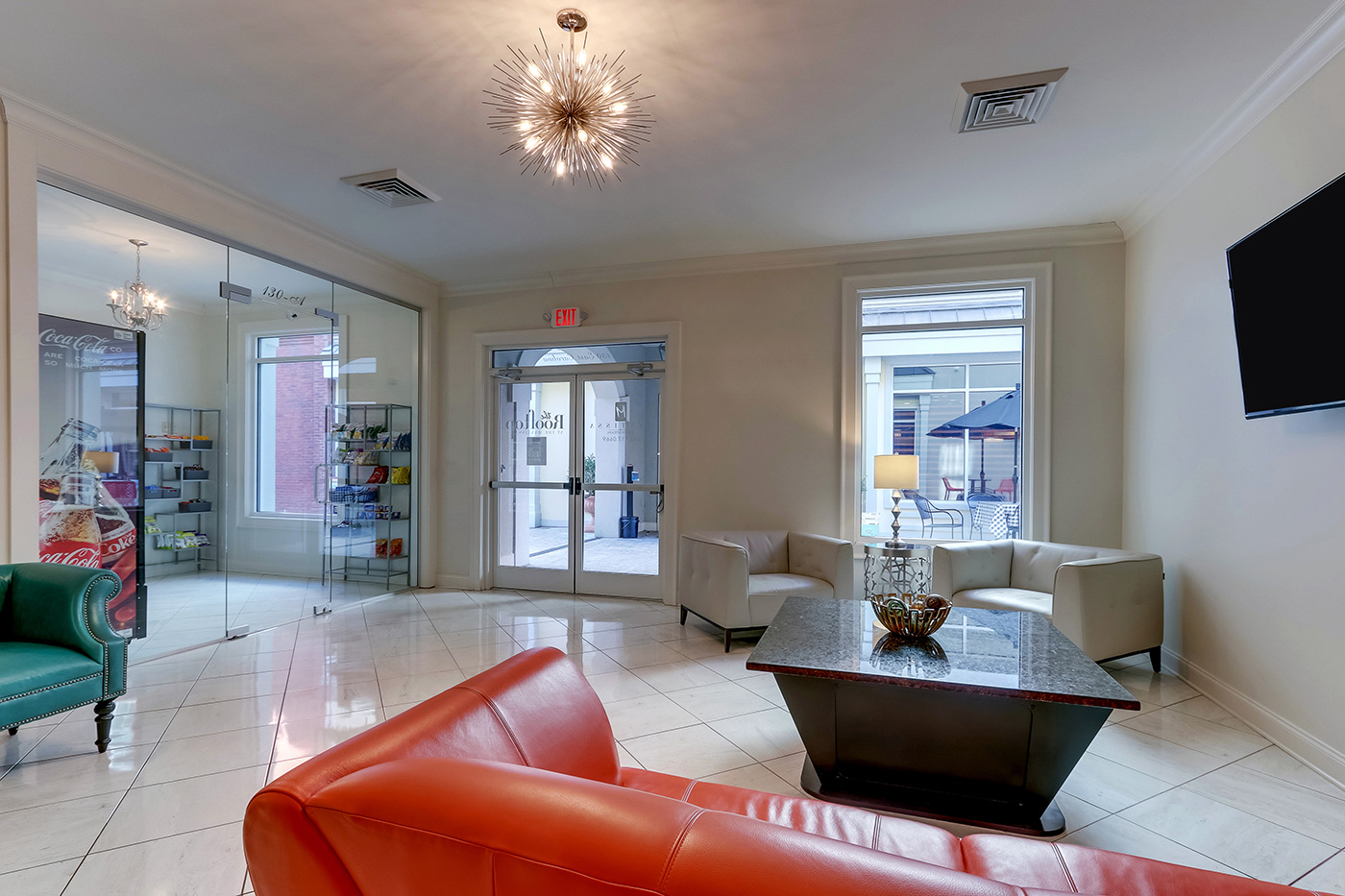 The warm interior lobby of The Mantissa Hotel in downtown Hartsville, South Carolina
