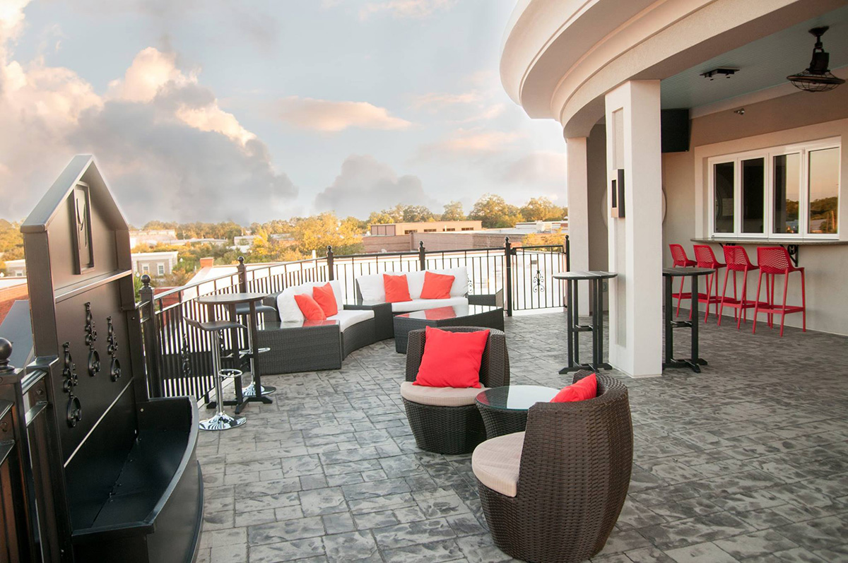 Wide view of the rooftop lounge with seating arranged for an evening crowd