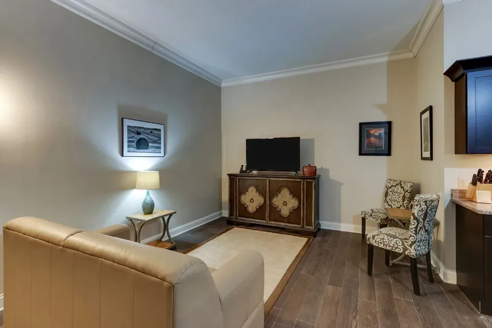 The living room of the Accessible King, a tan sofa facing the television on a patterned credenza.