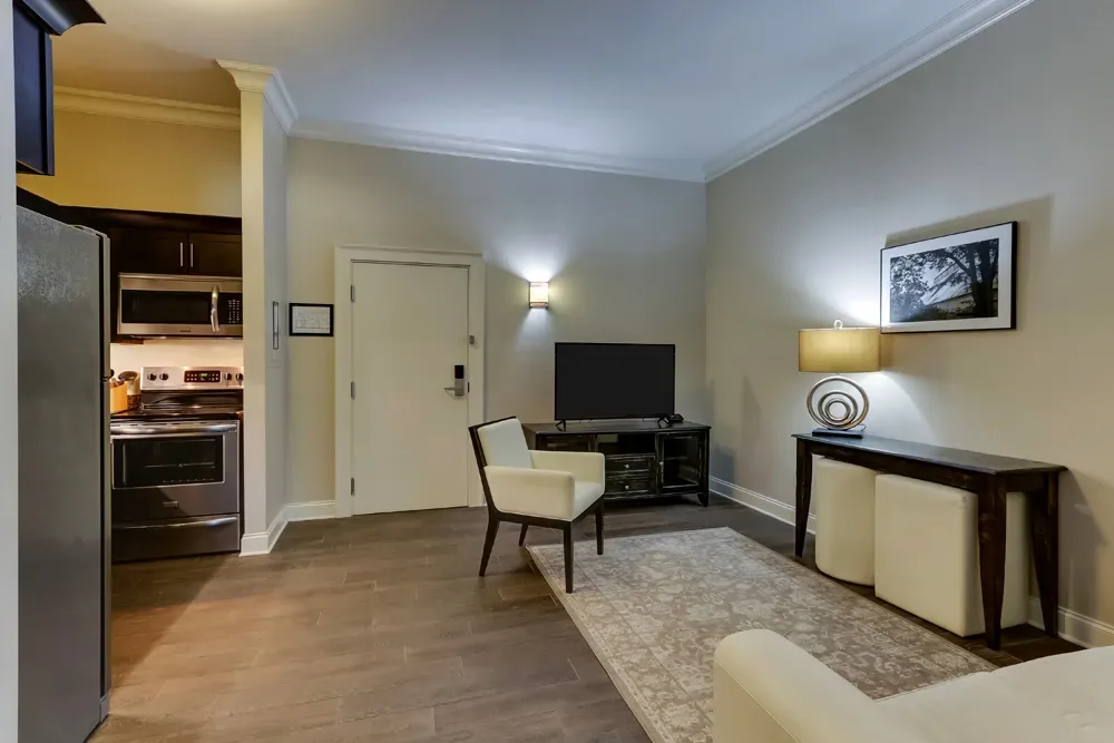 The entry of the Classic Dual Queen, the kitchen on one side and the sitting corner ahead.
